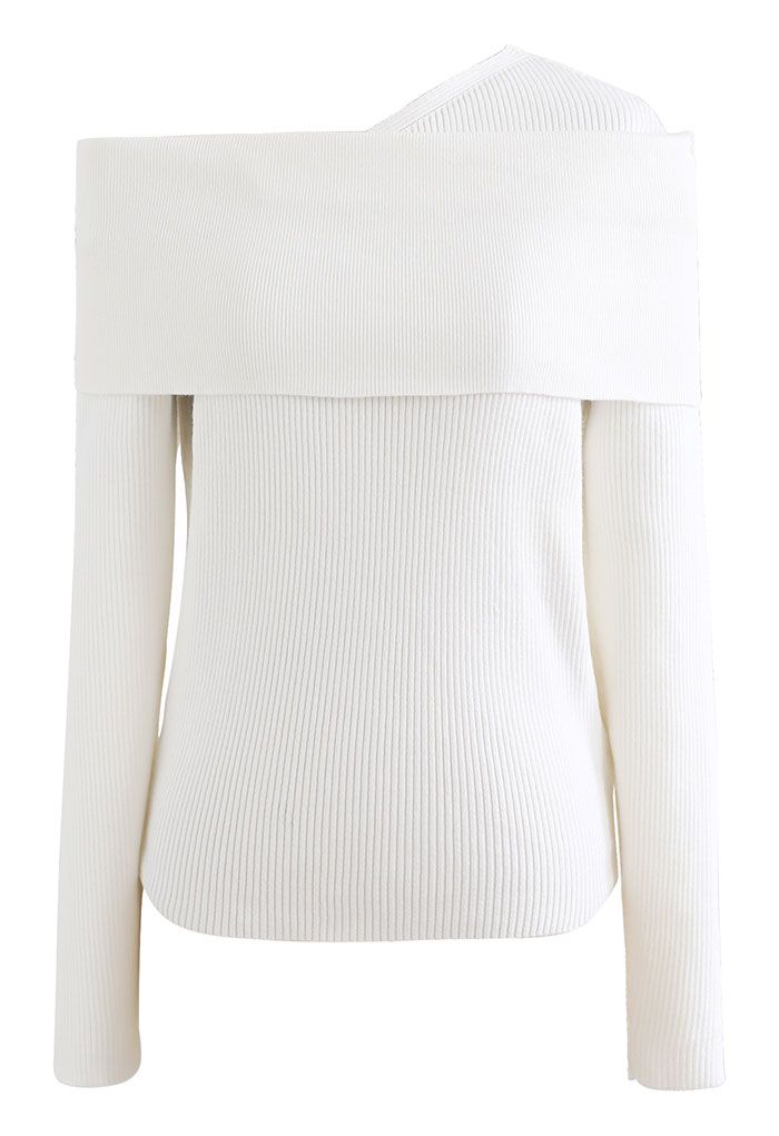 Flexible Oblique Shoulder Knit Sweater in White