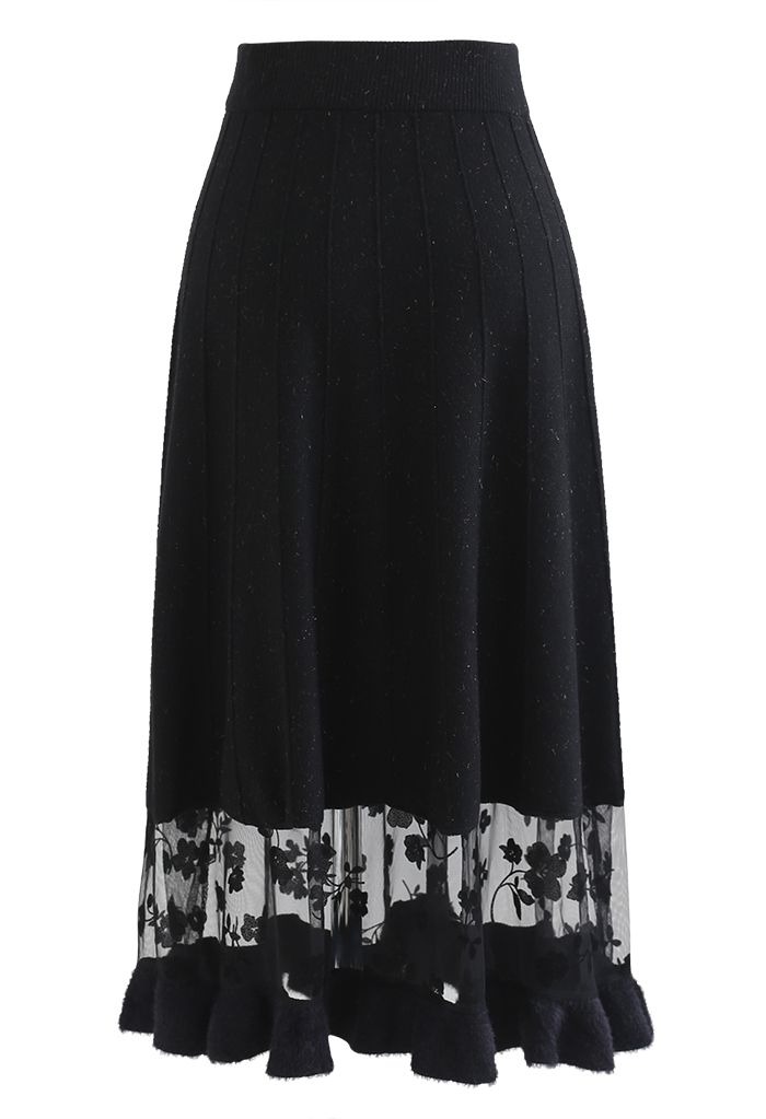 Floral Mesh Spliced Shimmer Knit Skirt in Black