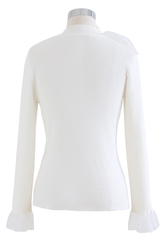 Sheer Side Bowknot High Neck Knit Top in White