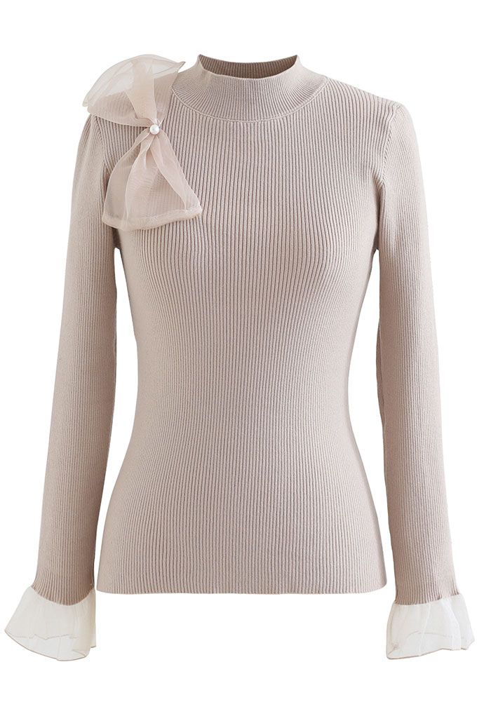 Sheer Side Bowknot High Neck Knit Top in Linen