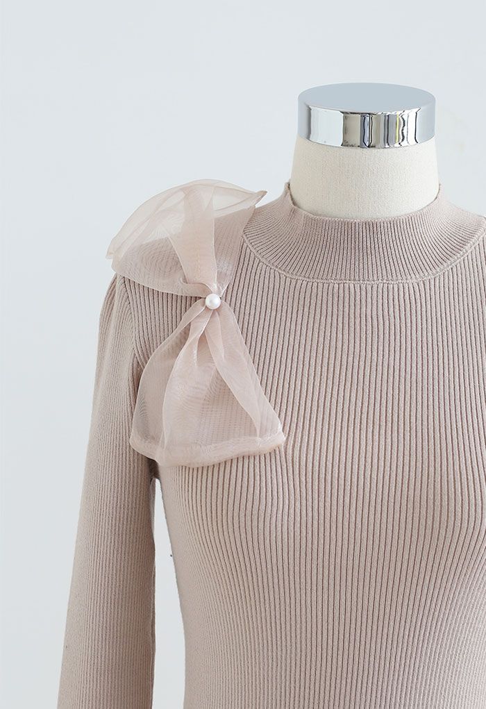 Sheer Side Bowknot High Neck Knit Top in Linen