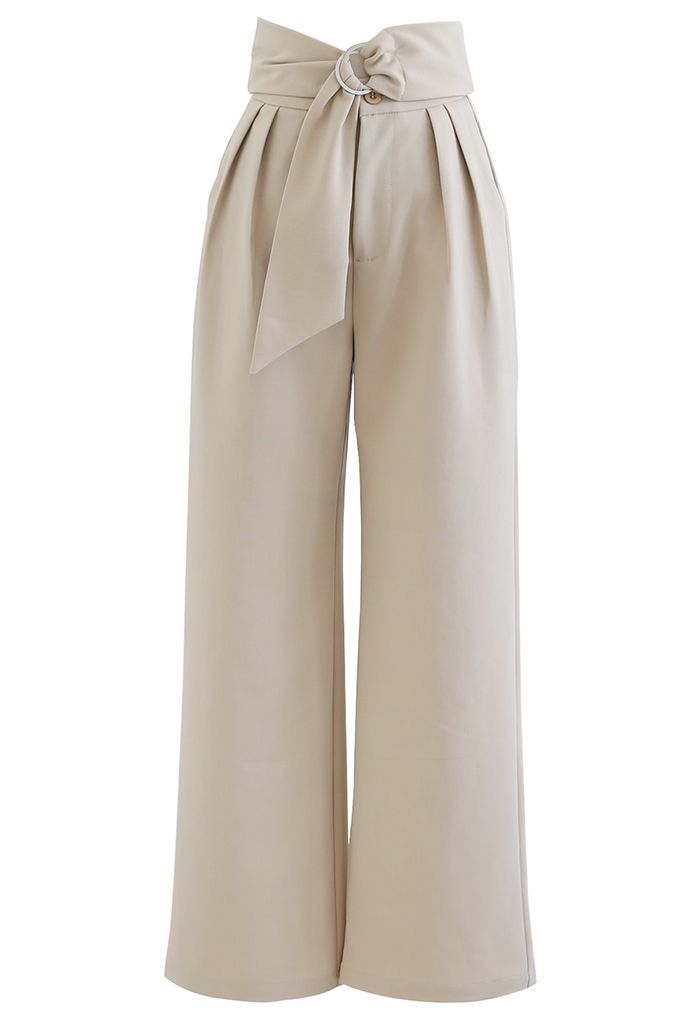 O-Ring Knotted Waist Wide Leg Pants in Sand