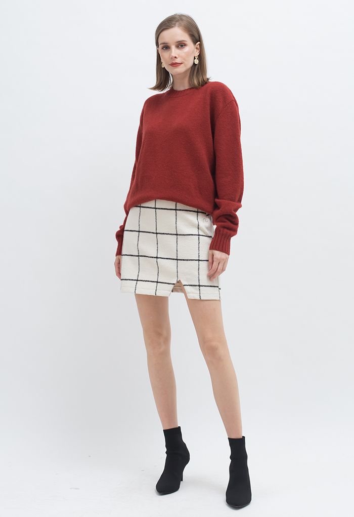 White Grid Wool-Blend Mini Bud Skirt - Retro, Indie and Unique Fashion