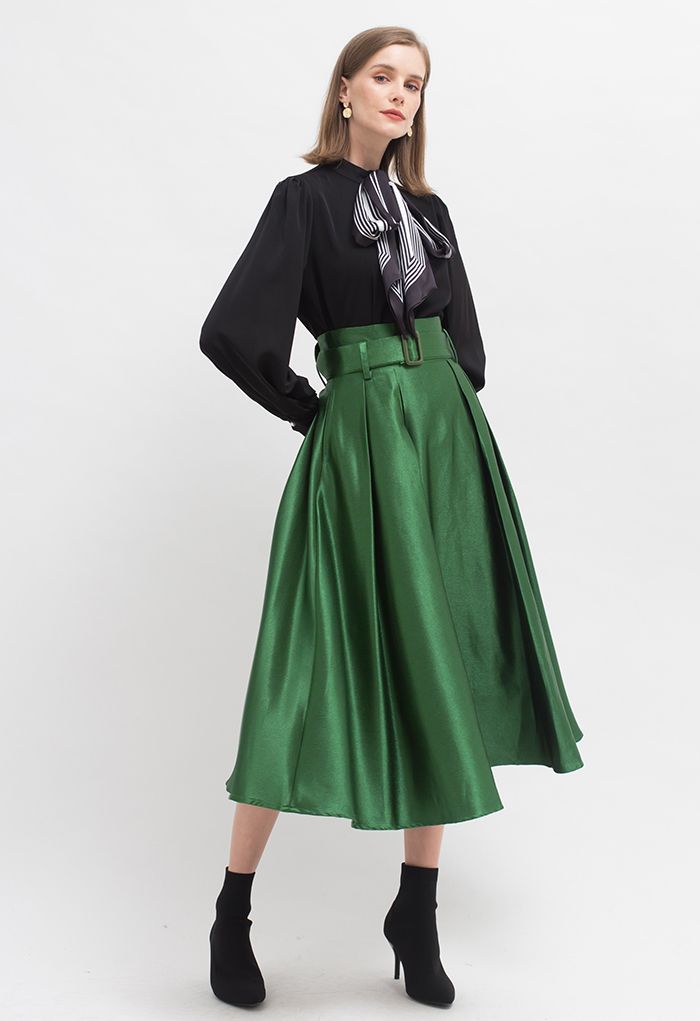Belted Texture Flare Maxi Skirt in Emerald