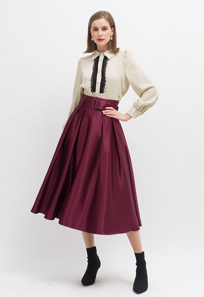 Belted Texture Flare Maxi Skirt in Burgundy