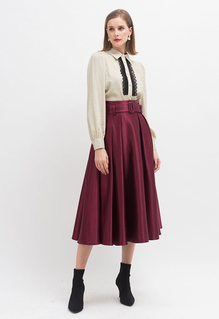 Belted Texture Flare Maxi Skirt in Burgundy