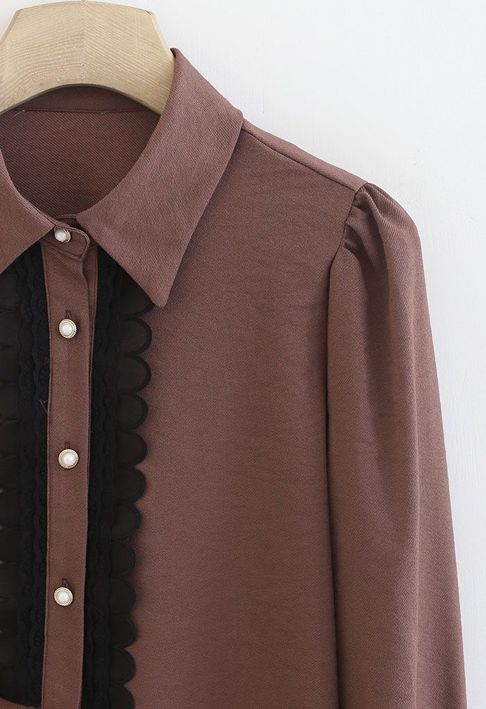 Scalloped Mesh Decorated Button Down Shirt in Berry