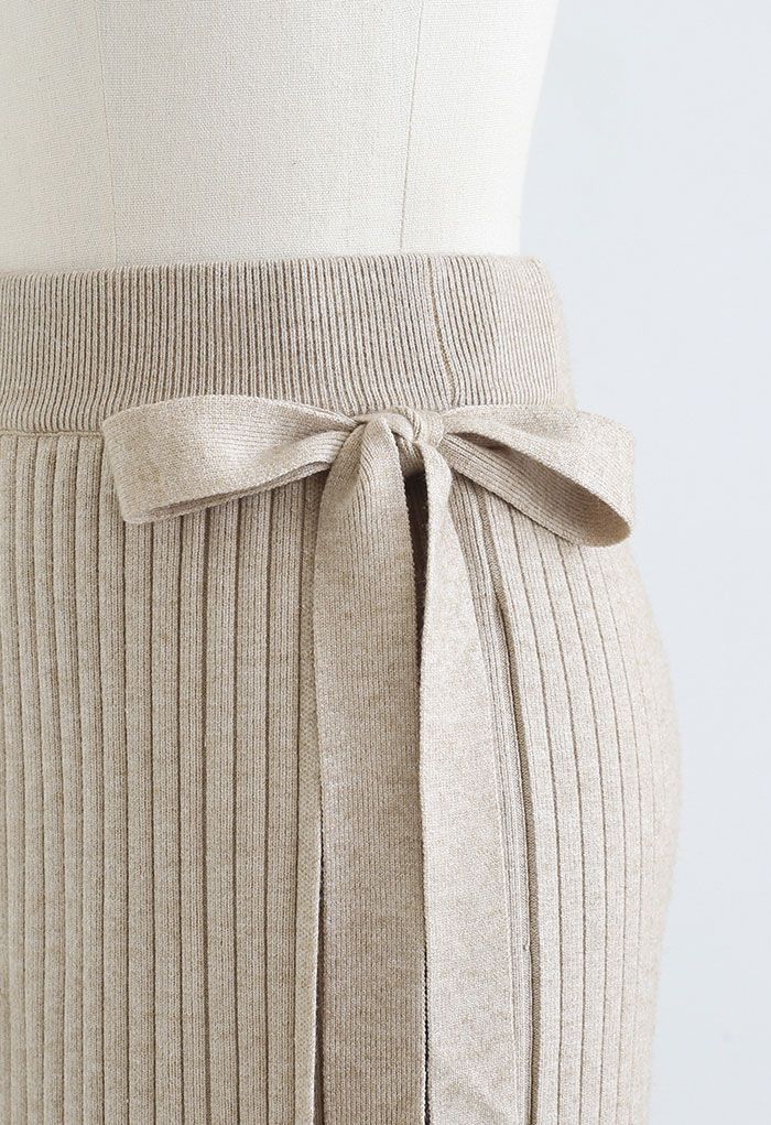 Bowknot Side Flap Knit Midi Skirt in Linen