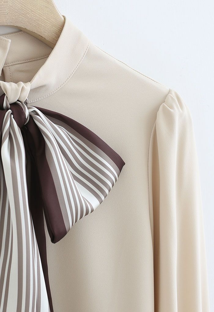 Scarf Bowknot Mock Neck Shirt in Cream