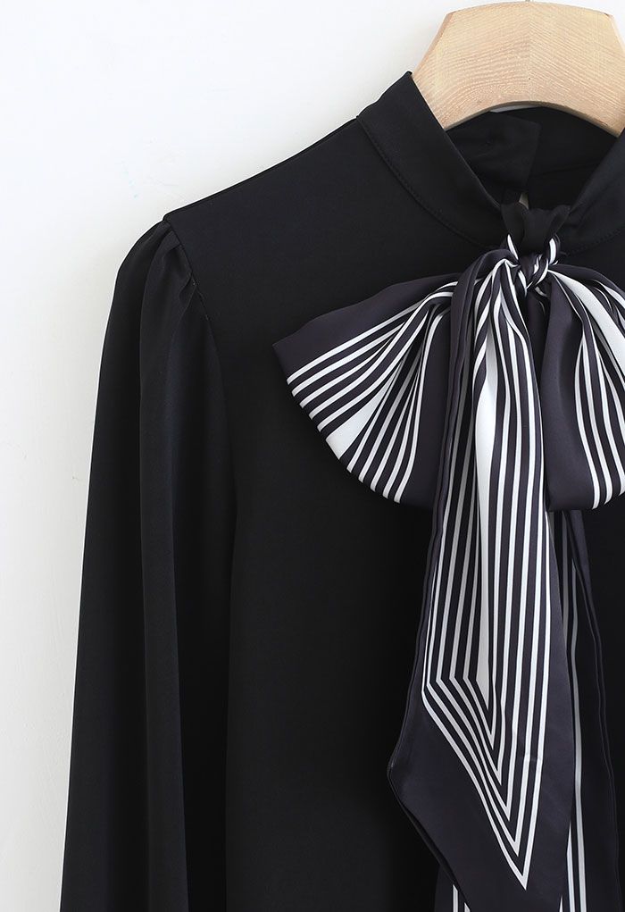 Scarf Bowknot Mock Neck Shirt in Black