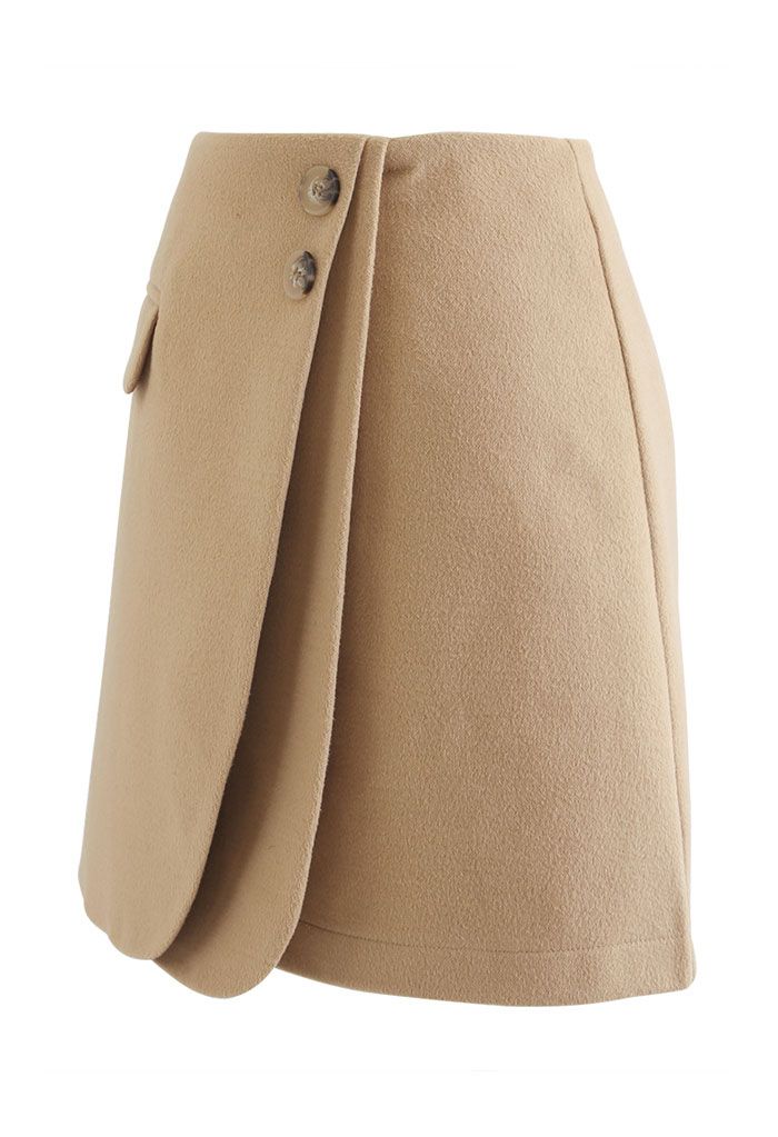 Double Flap Wool-Blend Mini Skirt in Tan