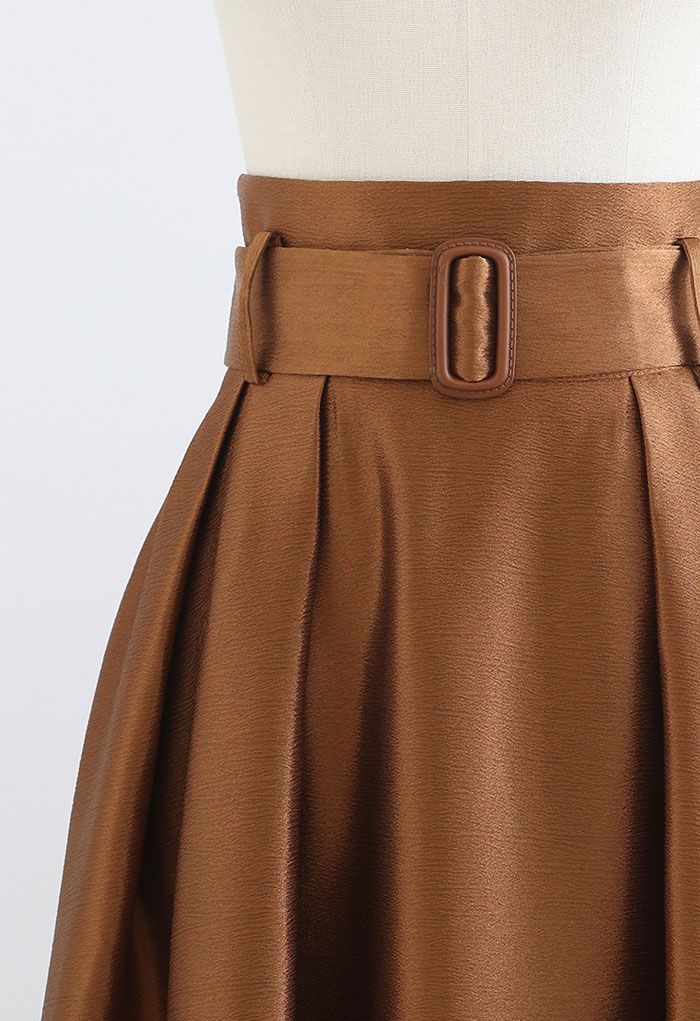 Belted Texture Flare Maxi Skirt in Caramel