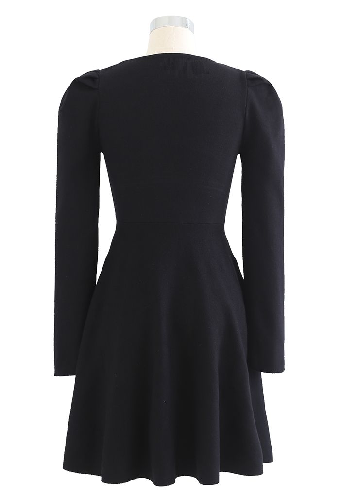 Golden Chain and Button Trim Knit Dress in Black