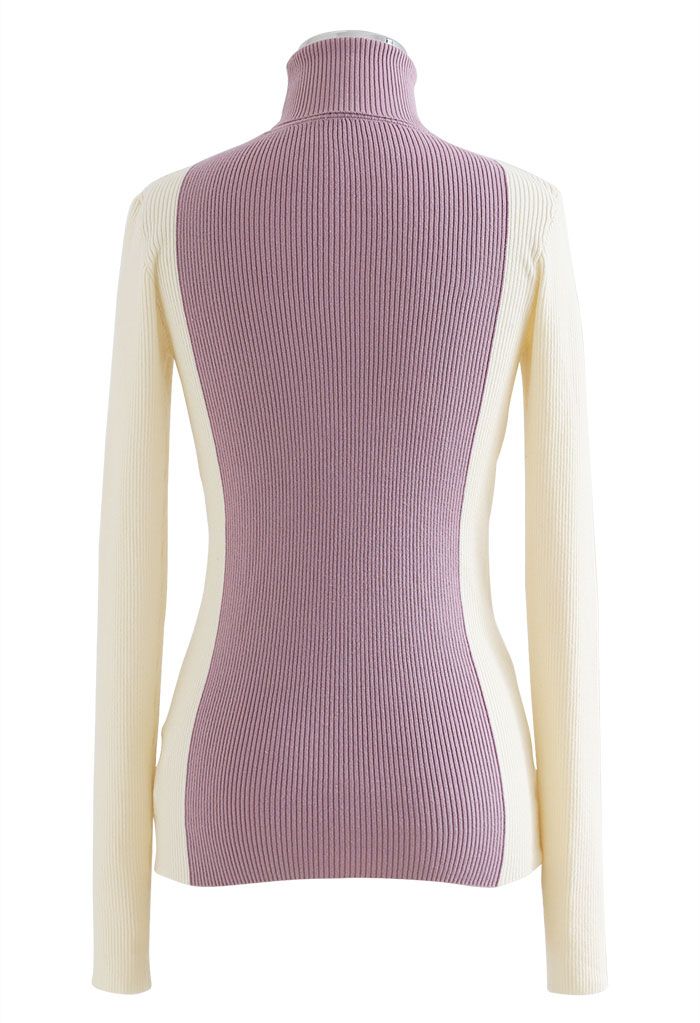 Two-Tone Turtleneck Fitted Knit Top in Lilac