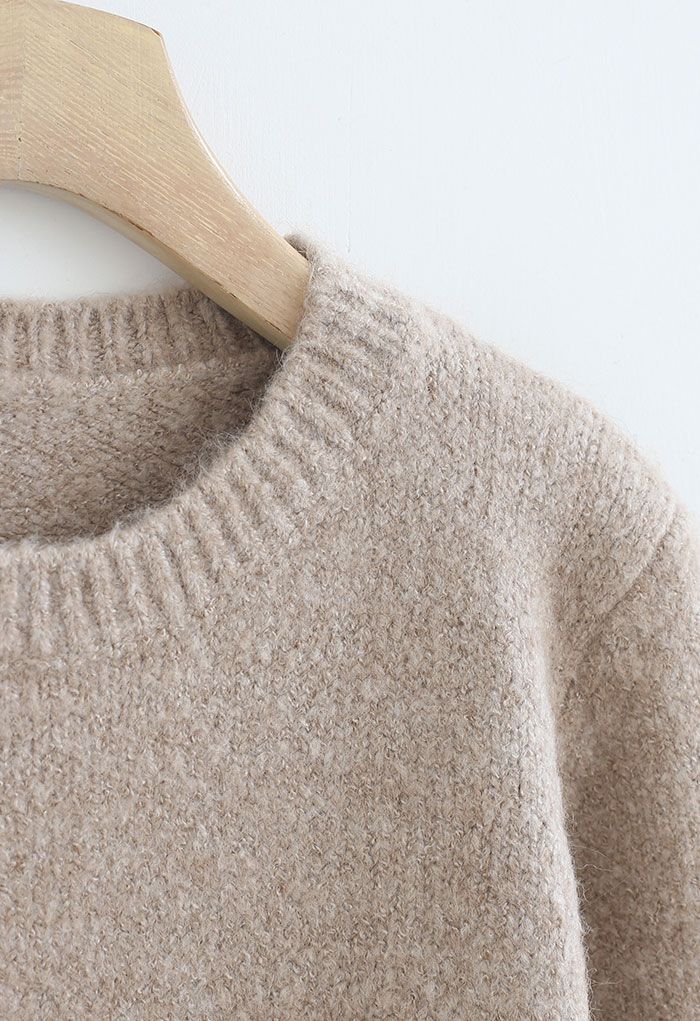 Ribbed Edge Round Neck Knit Sweater in Camel
