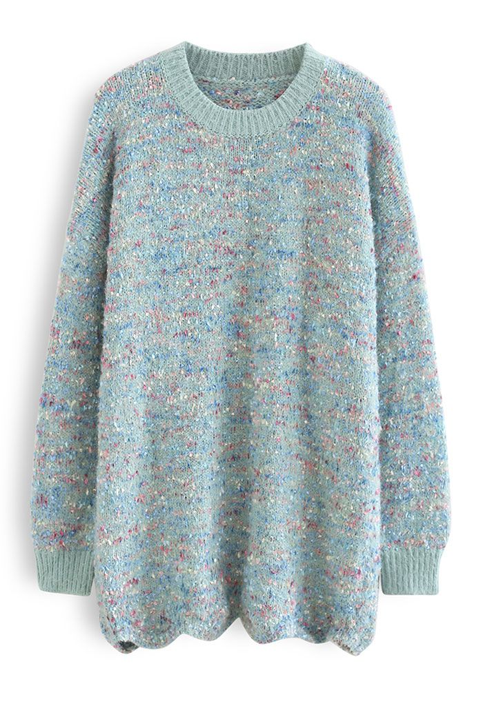 Mix-Color Knit Oversized Longline Sweater in Turquoise