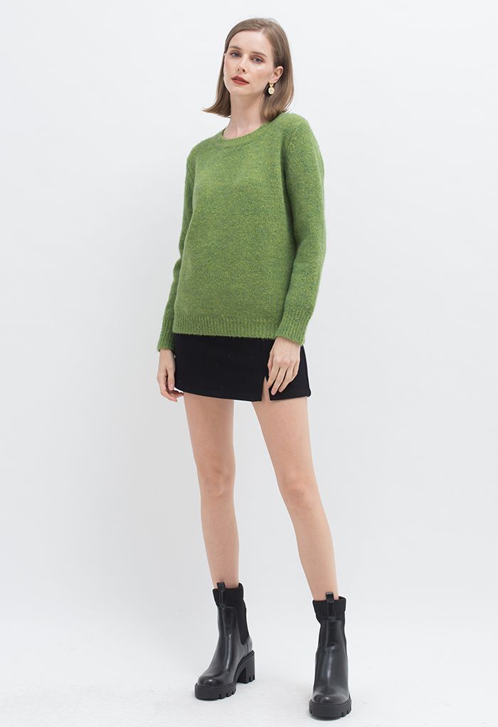 Ribbed Edge Round Neck Knit Sweater in Green