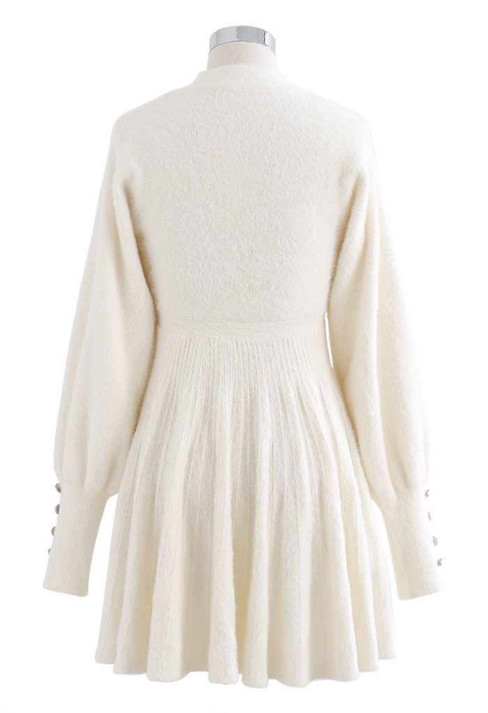 Extra Soft Fuzzy Knit Pleated Dress in Cream