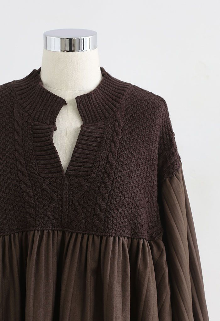 Knit Spliced Pleated Hi-Lo Tunic in Brown