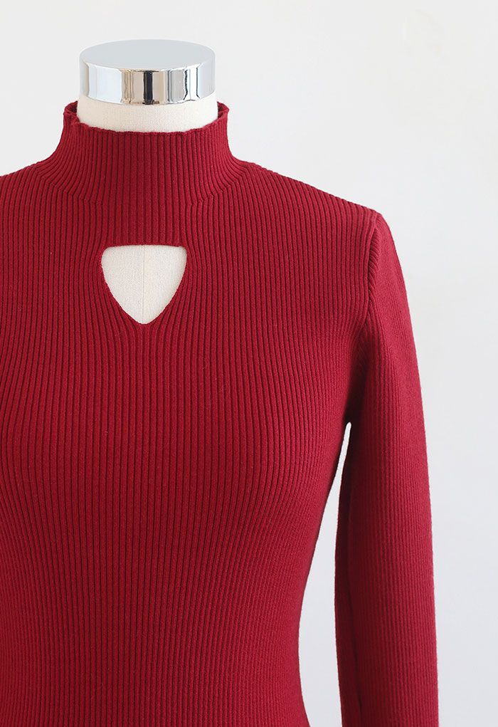 Mock Neck Cutout Knit Midi Dress in Red