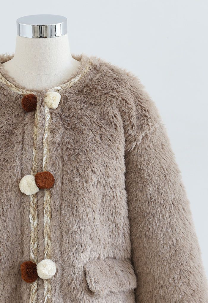 Contrast Ball Decorated Faux Fur Suede Coat in Khaki