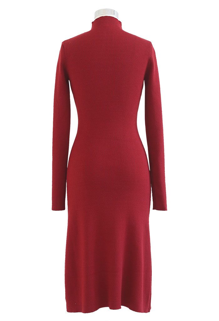 Mock Neck Cutout Knit Midi Dress in Red