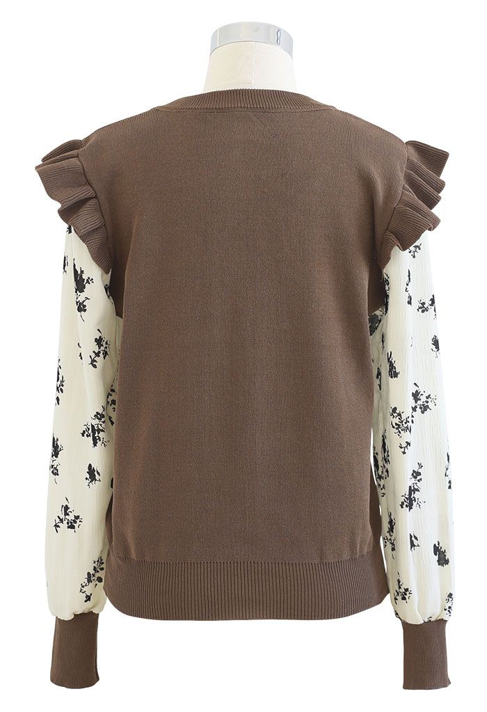 Floret Chiffon Sleeves Spliced Knit Top in Brown