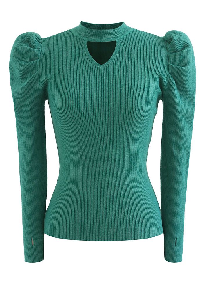Cutout Gigot Sleeves Fitted Knit Top in Green