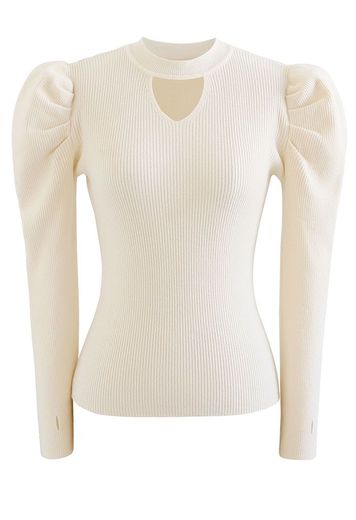 Cutout Gigot Sleeves Fitted Knit Top in Cream