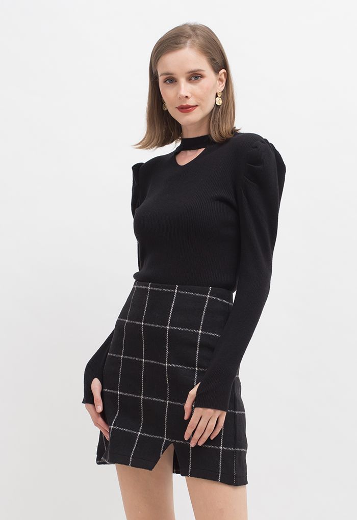 Cutout Gigot Sleeves Fitted Knit Top in Black
