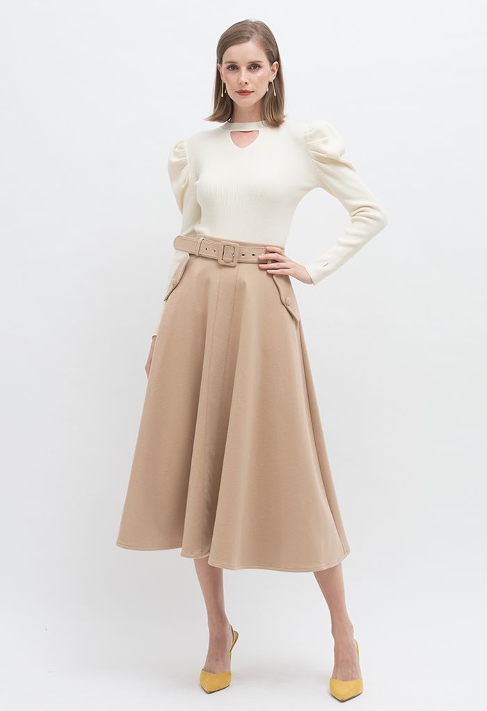 Cutout Gigot Sleeves Fitted Knit Top in Cream