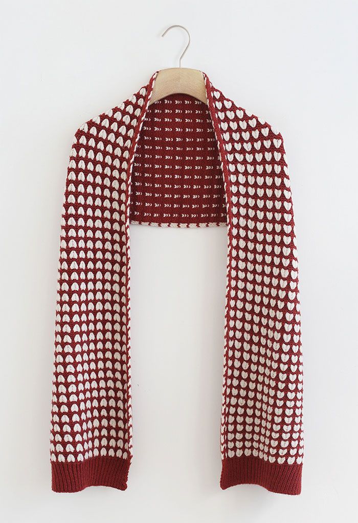Heart Jacquard Knit Scarf in Red