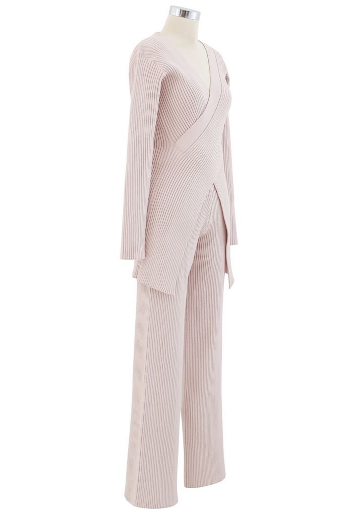 Cross Wrap Rib Knit Longline Sweater and Pants Set in Pink