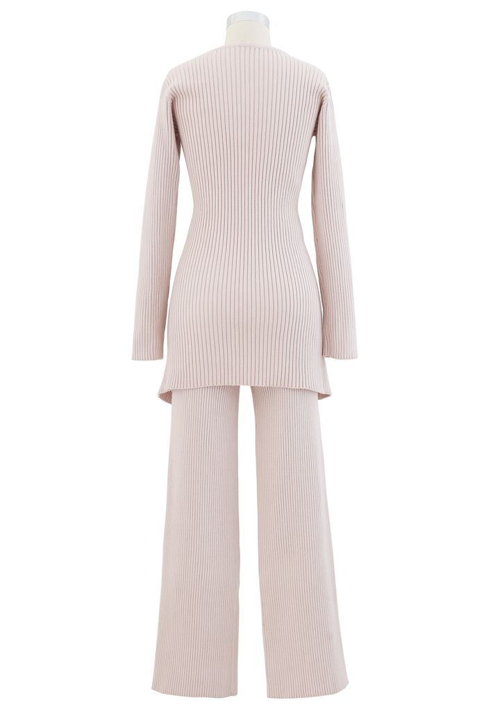 Cross Wrap Rib Knit Longline Sweater and Pants Set in Pink