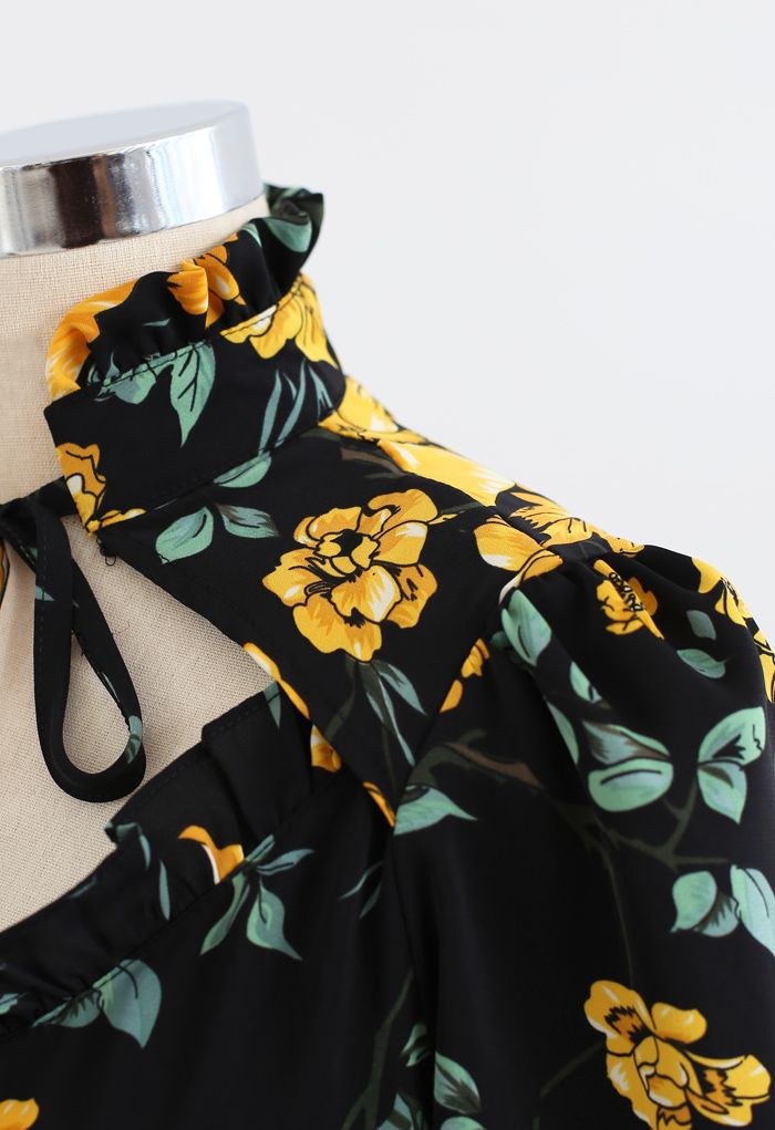 Floral Print Cutout Tied Neck Maxi Dress