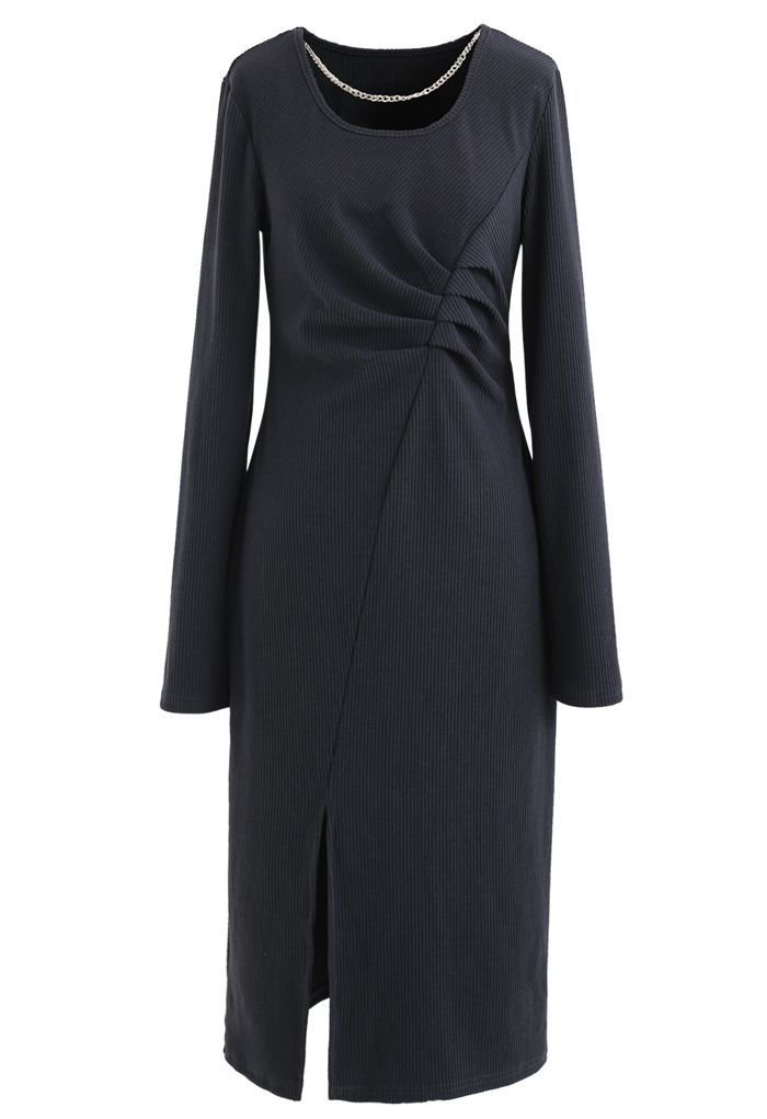 Chain Neck Ruched Split Knit Dress in Smoky Blue
