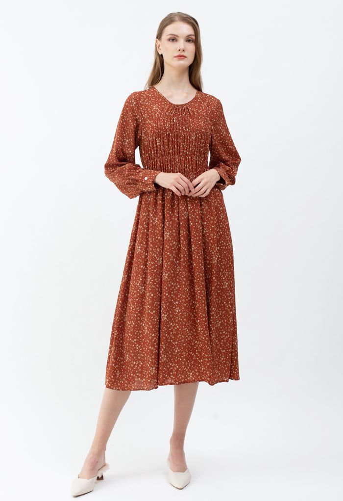 Bouquet Floret Shirred Chiffon Dress in Rust Red