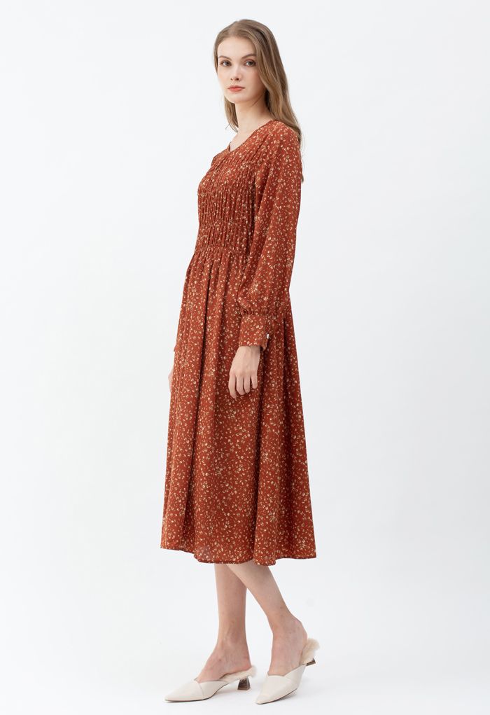 Bouquet Floret Shirred Chiffon Dress in Rust Red