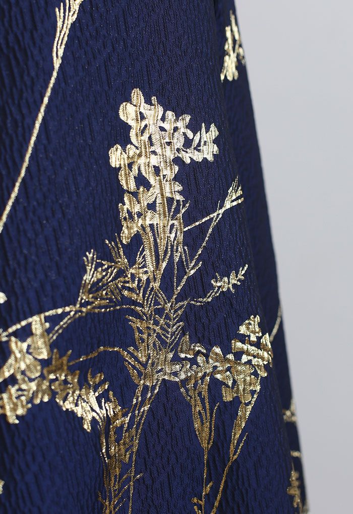 Golden Wild Flowers Jacquard Midi Dress in Navy