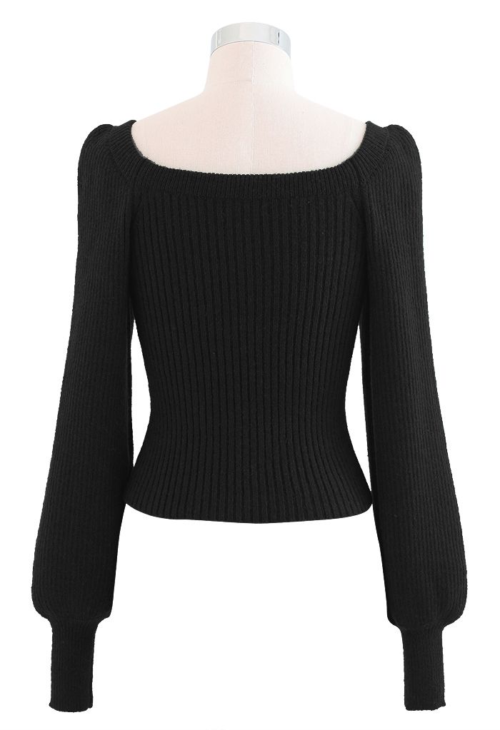 Pearly Flower Square Neck Crop Knit Top in Black