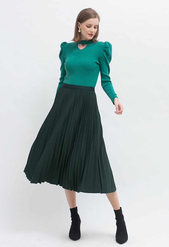 Cutout Gigot Sleeves Fitted Knit Top in Green