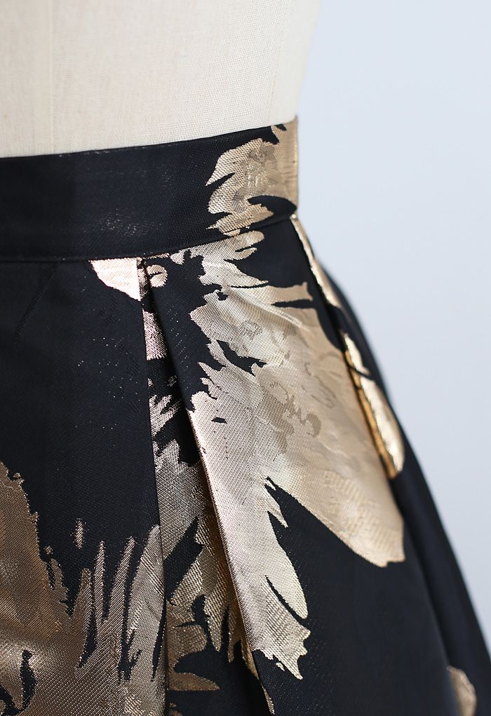 Golden Blossom Jacquard A-Line Midi Skirt - Retro, Indie and Unique Fashion