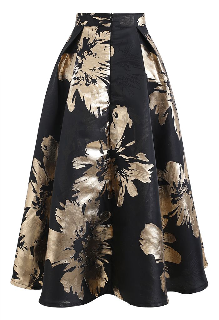 Golden Blossom Jacquard A-Line Midi Skirt