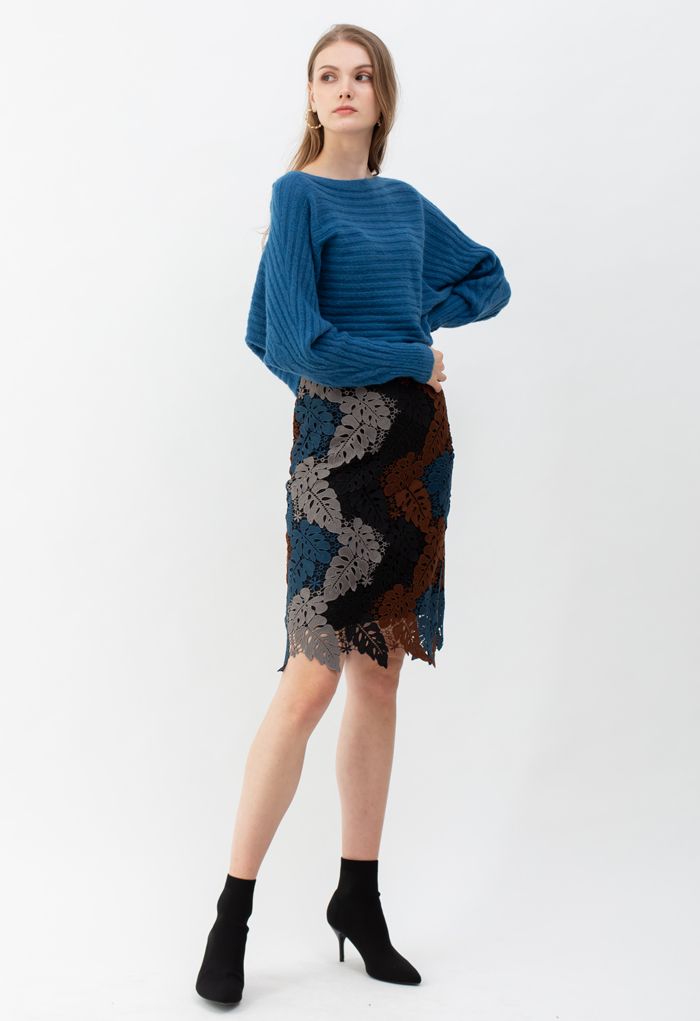 Multi-Color Leaves Crochet Pencil Skirt in Smoke