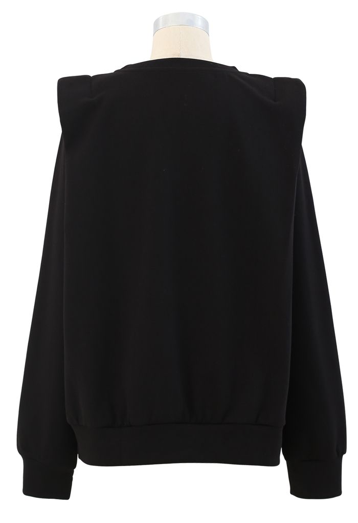Padded Shoulder Long Sleeves Sweatshirt in Black