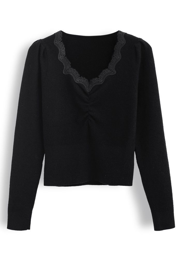 Sweetheart Lace Neck Knit Top in Black