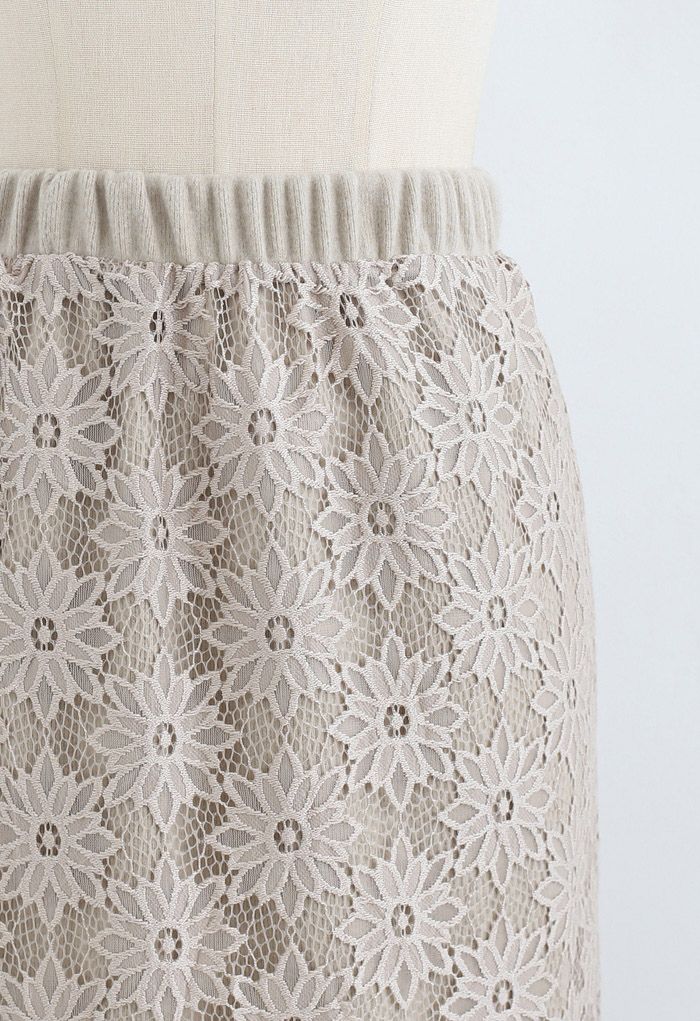 Reversible Soft Knit Lace Midi Skirt in Sand