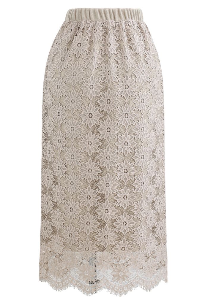 Reversible Soft Knit Lace Midi Skirt in Sand