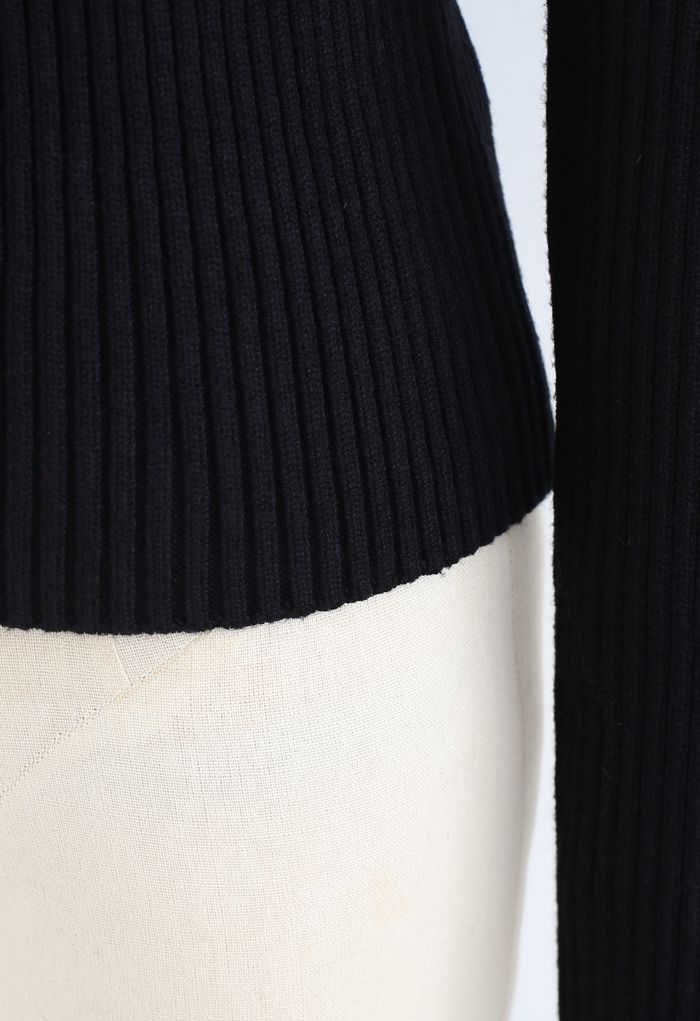 Padded Shoulder Ribbed Knit Sweater in Black