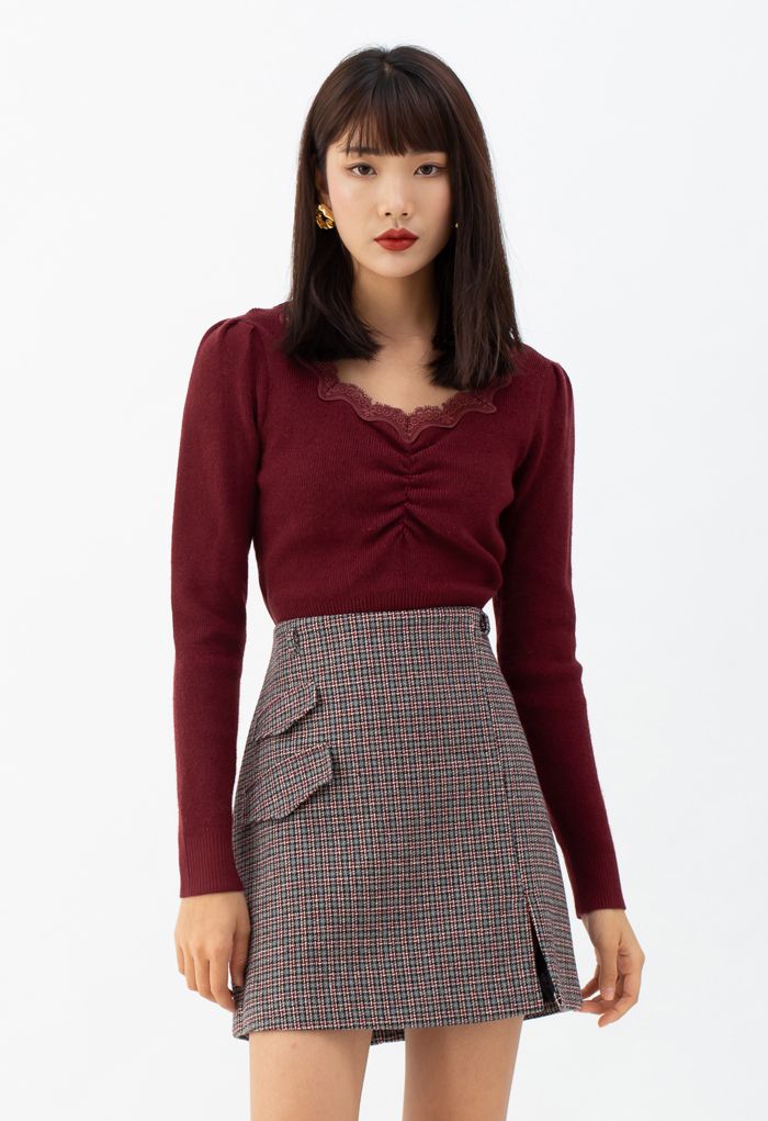 Flap Pocket Houndstooth Check Wool-Blend Mini Skirt